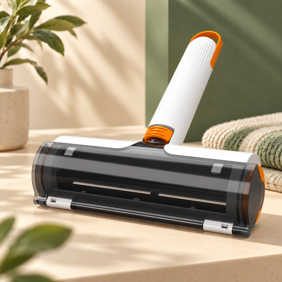 Reusable pet hair remover roller cleaning a couch