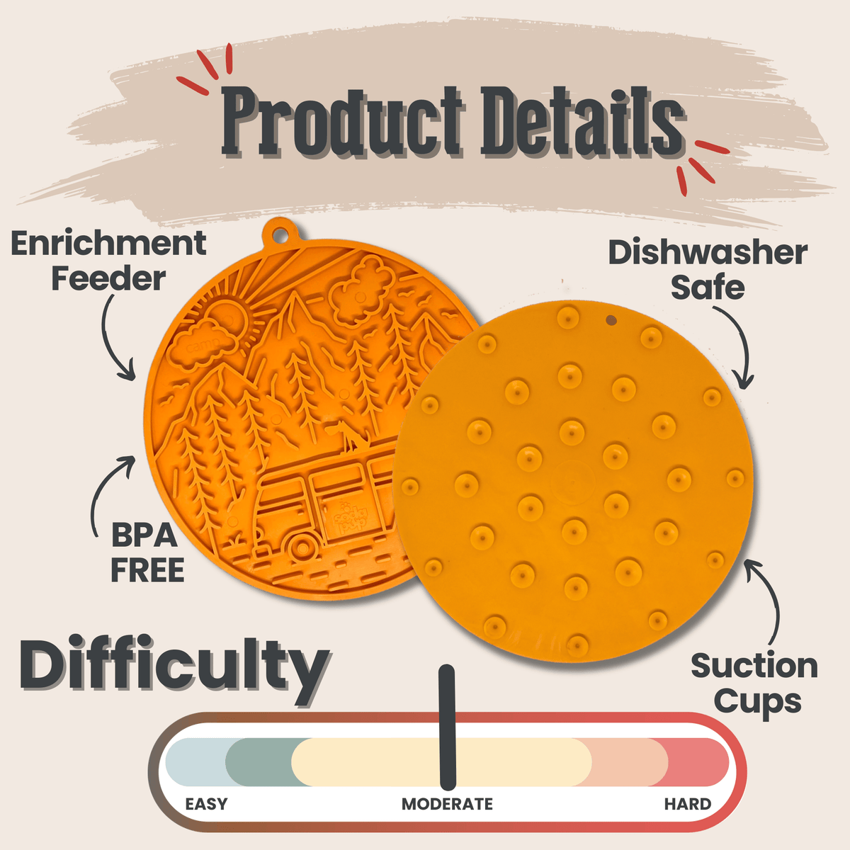 Suction Cup Lick Mat for Dogs – Orange Camp, product details graphic