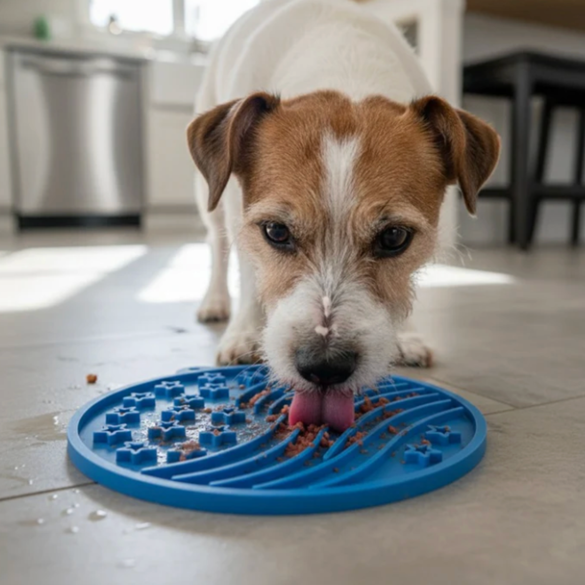 Suction Cup Lick Mat for Dogs – Blue Stars & Stripes, in use