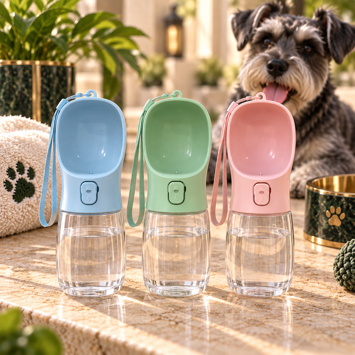 Portable Pet Water Bottle – Travel Dispenser in blue, green and pink