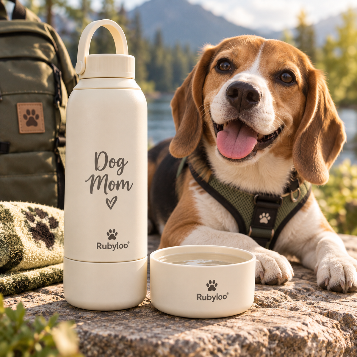 Rubyloo Dog + Human Travel Water Bottle – Cream Dog Mom